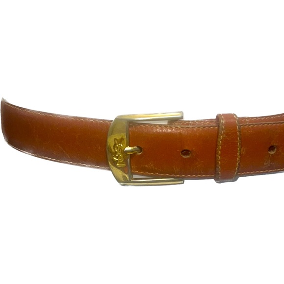 YSL Yves Saint Laurent Vintage Tan and Gold Logo Buckle Belt - Picture 1 of 11